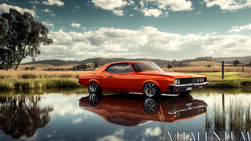 Vintage orange muscle car by reflective rural lakeside landscape
