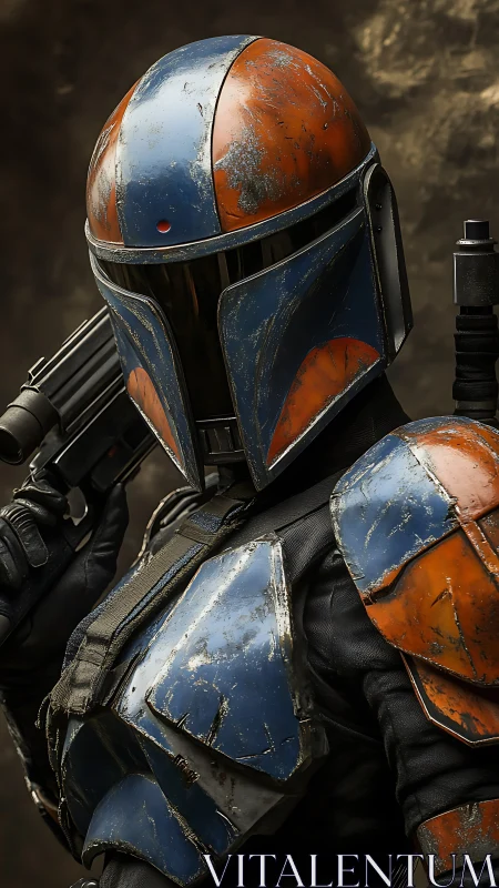 Armored sci‑fi warrior stands ready with weathered blaster.