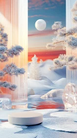 Winter moonlit portal over mirrored arctic lagoon.