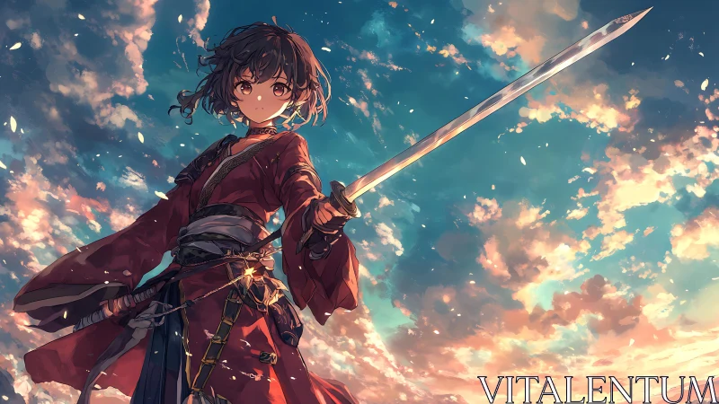 Young swordswoman in red robe under vivid sunset sky.