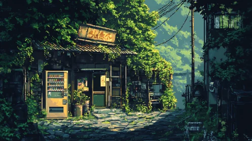 Sunlit pixel alley with a cozy overgrown corner shop.