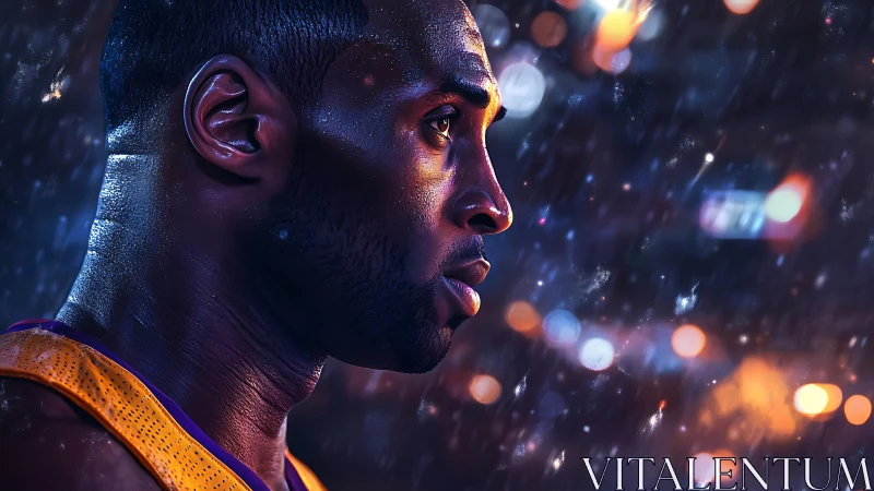 Hyperreal sidelit athlete profile amid kinetic bokeh field.