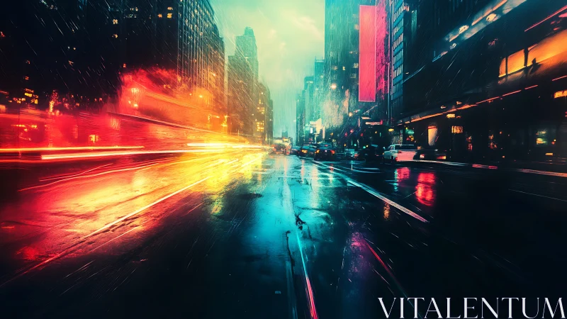 Neon city street glows warmly through rain and rushing light