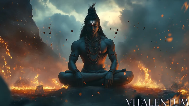 Meditating blue deity amid volcanic fire in cinematic chiaroscuro