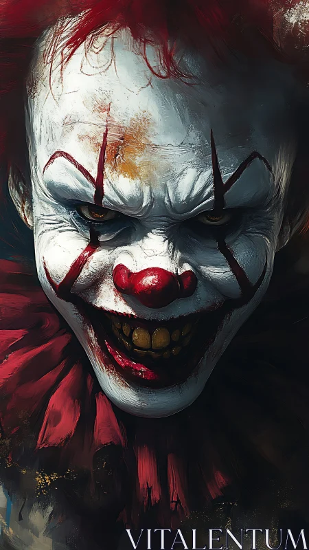 Sinister clown portrait with cracked paint and sharp grin.