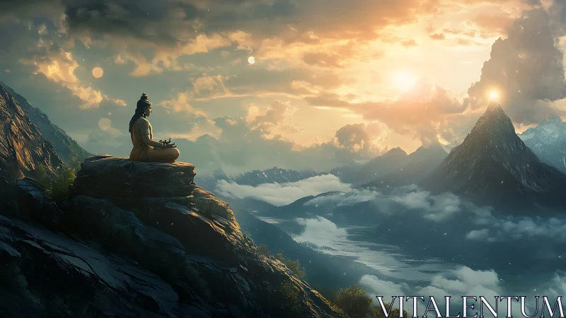 Meditative figure on stratified cliff under bifurcated sunlit sky.