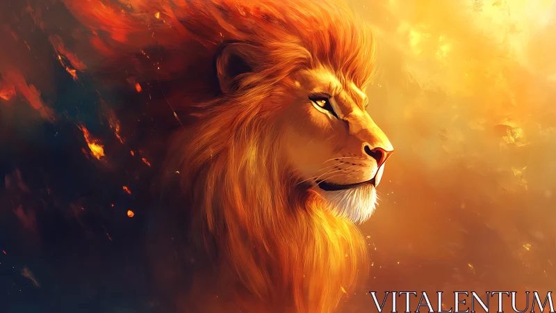 Golden lion profile in vivid fiery digital painting.