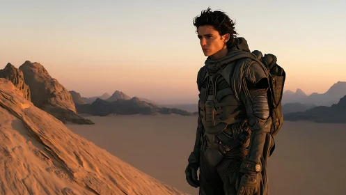 Desert wanderer studies quiet dunes in soft golden light