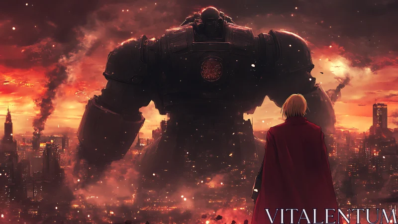 Red cloaked hero confronts towering robot over burning city.