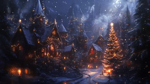 Enchanted winter village aglow beneath a storybook moonlit sky.