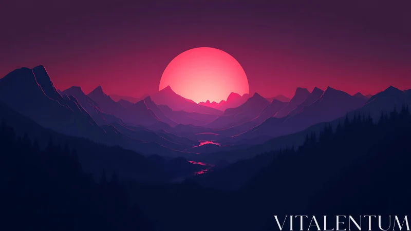 Neon magenta sun over layered alpine valleys at dusk