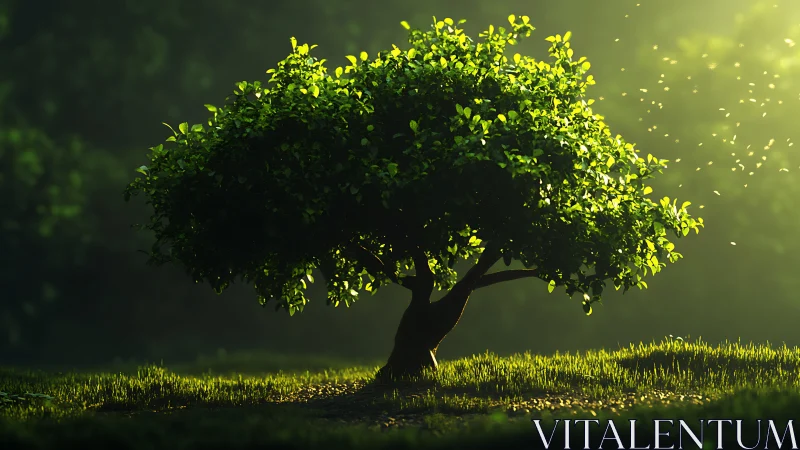 Sunlit storybook tree hums quietly in a meadow of light