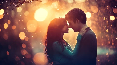 Silhouetted Couple Embracing Against Golden Bokeh Light.