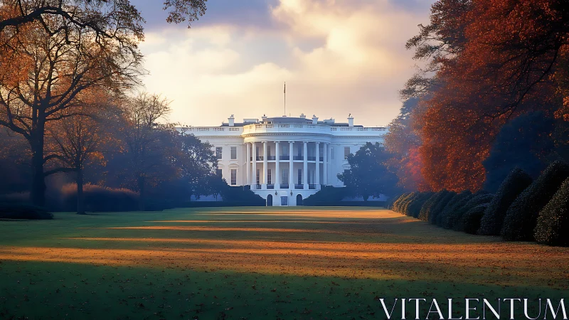 Neoclassical executive residence framed by autumnal arboreal geometry.