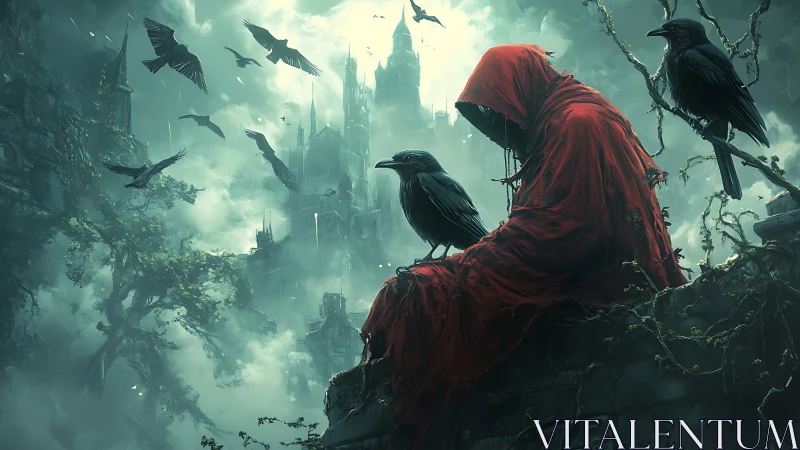 Hooded wanderer in red communes with crows above ruins.