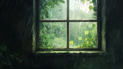 Rain-soaked cottage window framing lush overgrown garden.