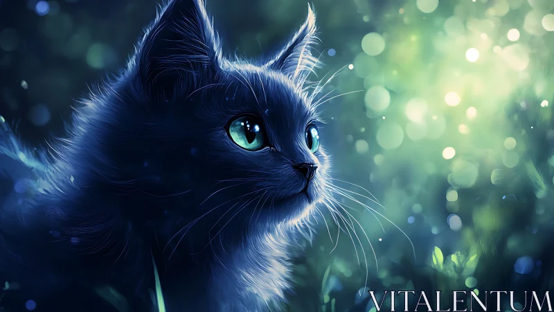 Blue Cat with Luminous Eyes in Glowing Forest