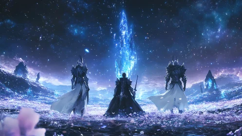 Celestial knights confront a radiant crystal in a cosmic field