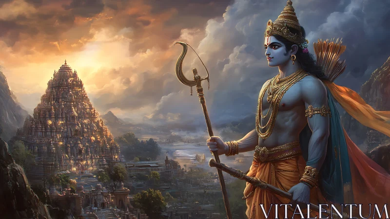 Divine warrior deity guards luminous temple at stormy dusk