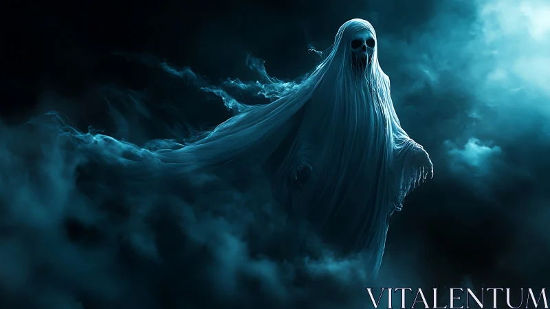 Spectral wraith materializing in teal volumetric fog field