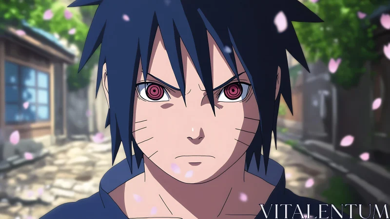 Anime boy with red eyes stands in alley under falling petals