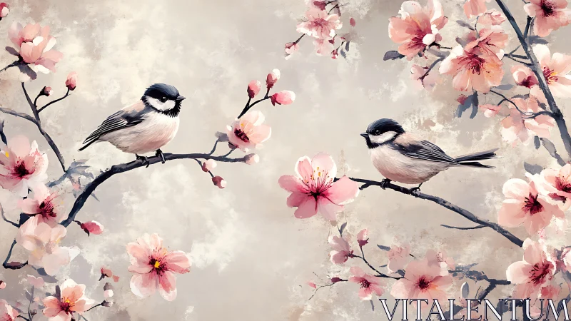 Sparrows perch among soft pink cherry blossoms in spring