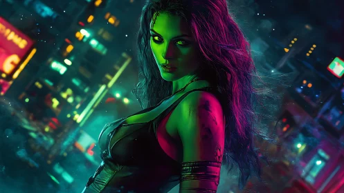 Green-skinned warrior stands in neon-soaked cyberpunk city