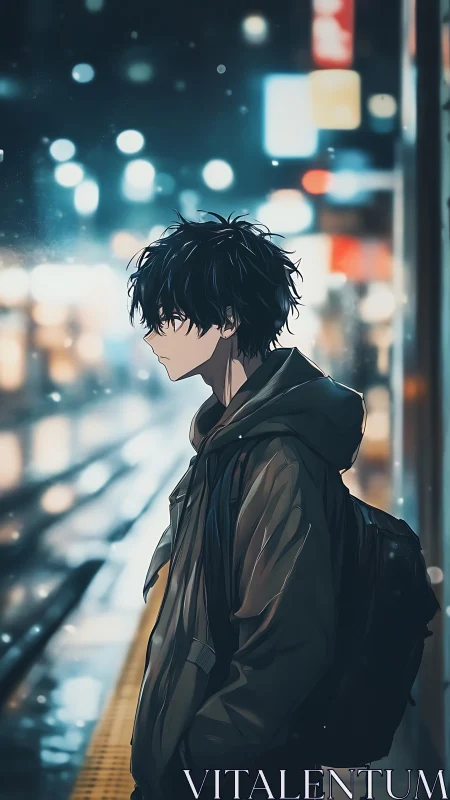 Solitary anime boy waits at night on a rainlit city platform.