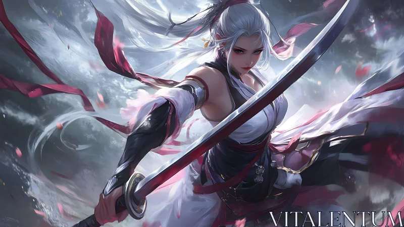 White-haired sword fighter lunges forward in dynamic attack