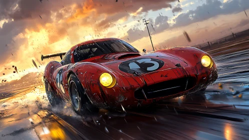 Roaring red race car charges through rain at golden sunset