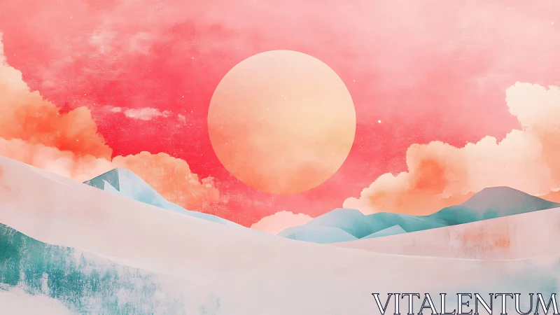 Pastel desert landscape with oversized sun and cloud bank