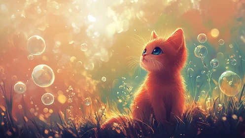 Red Kitten Among Wildflowers and Bubbles.