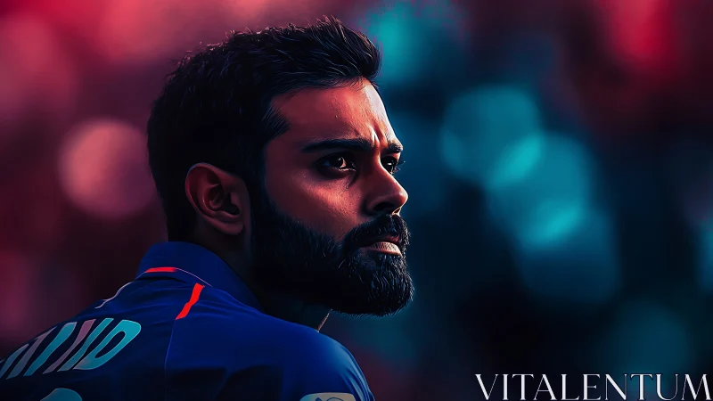 Thoughtful cricketer in glowing stadium lights at dusk.