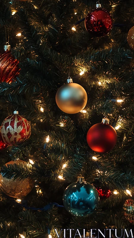 Decorated evergreen tree with illuminated glass ornaments.