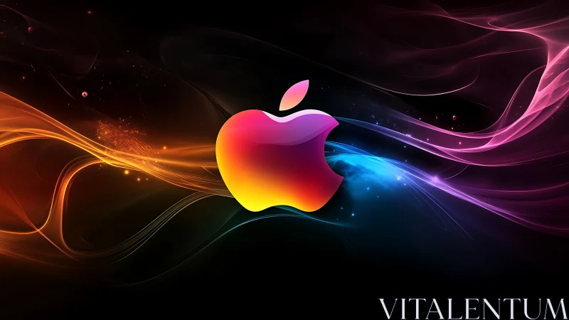 Iridescent apple silhouette floats inside neon cosmic waves