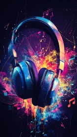 Chromed headphones ignite a neon storm of exploding music