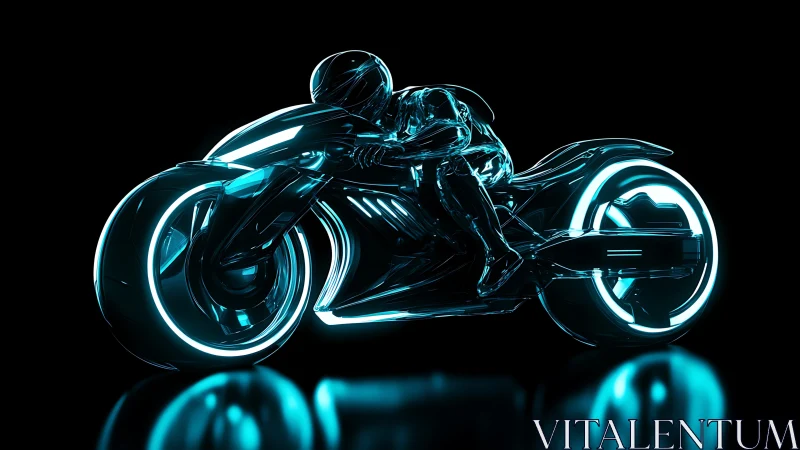 Futuristic neon motorcycle with rider on black background.
