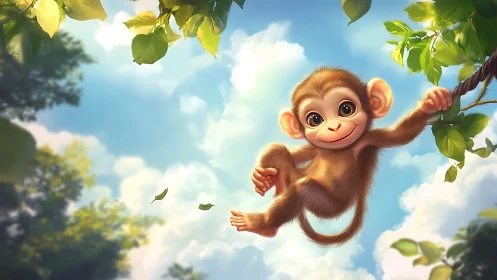 Digital rendering of playful juvenile primate in arboreal swing.