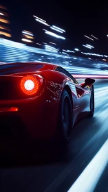 Red sports car racing through neon lit city highway at night.