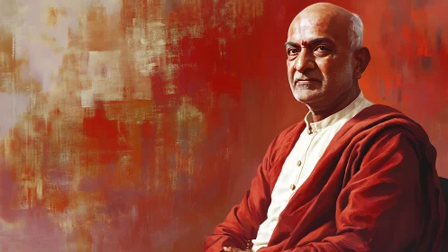 Warm portrait of an elderly man in red robes against rich hues