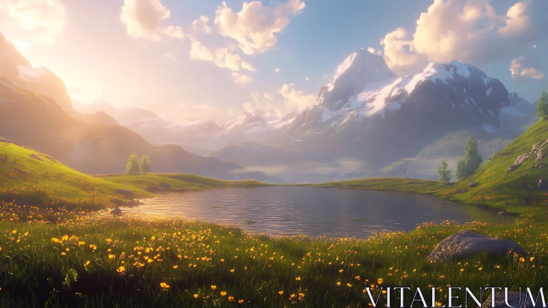 Sunlit alpine lake under snowcapped mountain peaks.