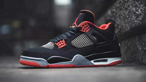 Black and red athletic sneaker on outdoor stone surface.