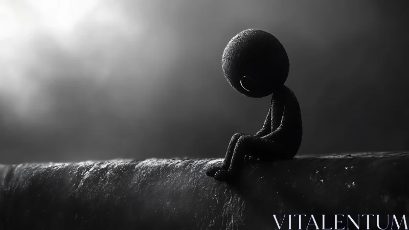 Quiet little figure resting alone in soft grayscale light.