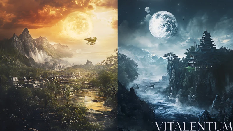 Dual fantasy realms divide sunlit valley and moonlit coast.