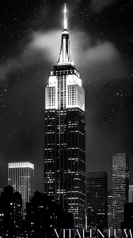 Glowing city skyscraper rising softly into a starry night.