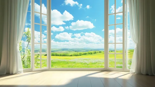 Bright open window framing green meadow and blue sky.