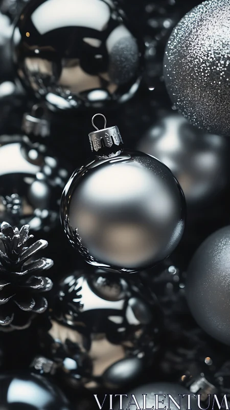 Shimmering silver ornaments glow in a soft festive cluster