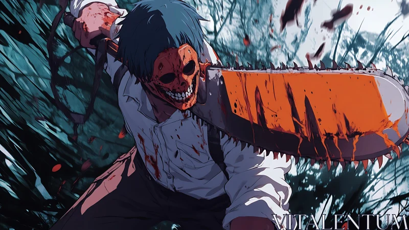 Fierce chainsaw warrior charging through swirling chaos.