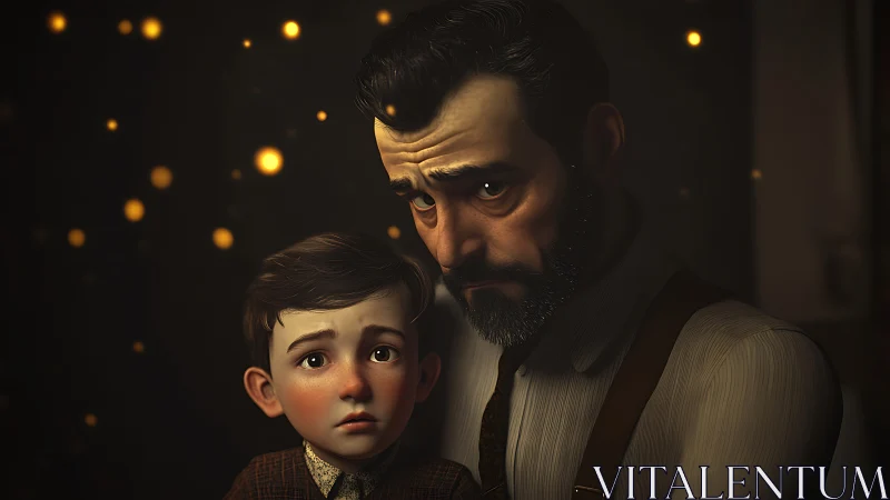 Father and son in warm bokeh-lit, cinematic portrait.