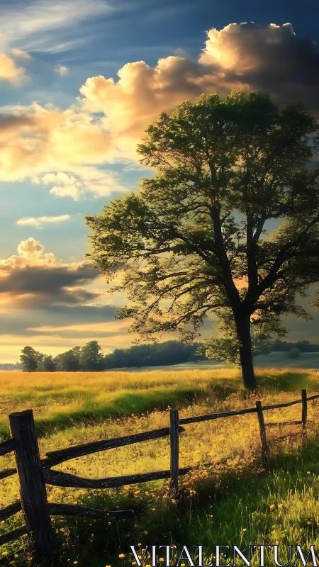 Solitary tree stands by wooden fence in rural field at dusk